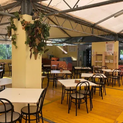 allestimento-area-ristoro-con-tavoli-bianchi-edera-rampicante-e-sedie-modello-thonet